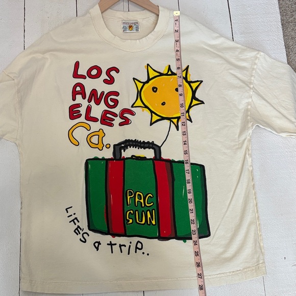 Pacific Sunwear Cream Tee with Yellow Sun & Green/Red Suitcase Graphic M Medium - Picture 5 of 5